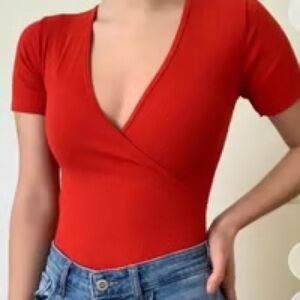 Brandy Melville Dark Red Ribbed Bodysuit Top